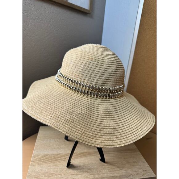 Natural Straw Sun Hat with Silver Chain Accent - Picture 1 of 5